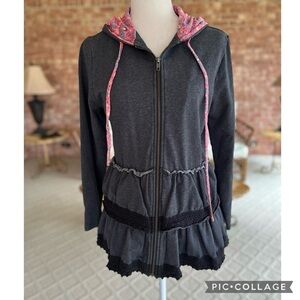 Matilda Jane Wise & Wonderful Jacket Gray Hoodie Knit Ruffle S Boho Chic Peplum